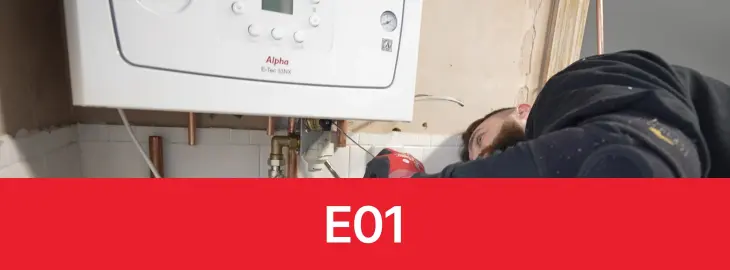 Alpha boiler showing E01 fault code caused by ignition failure, with an engineer inspecting the unit.