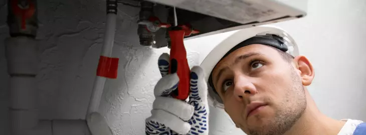 Boiler dripping water from underneath while an engineer inspects for leaks