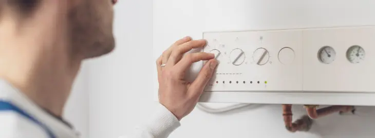Homeowner adjusting the pressure gauge on a wall-mounted boiler