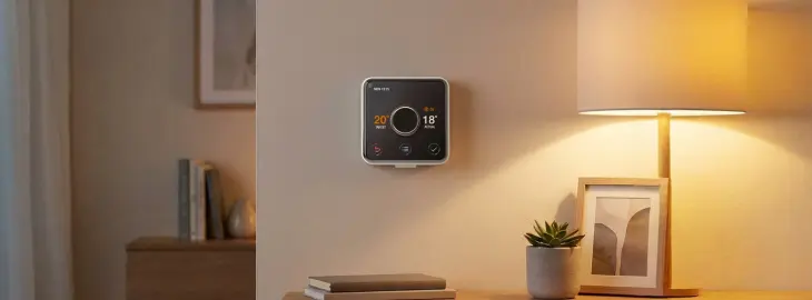 Smart thermostat mounted on a living room wall in a warm, well-lit home