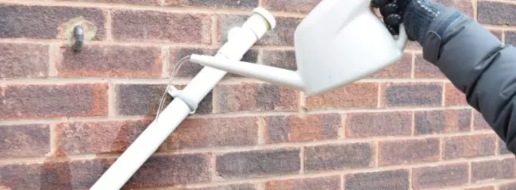 Person thawing a frozen boiler condensate pipe outside a home using warm water