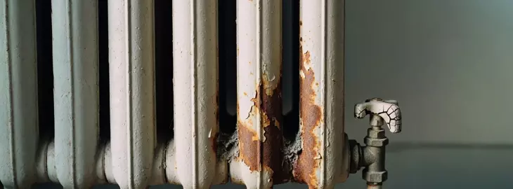 Old radiator with visible rust and corrosion caused by low inhibitor levels in the heating system.