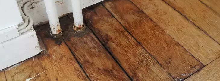 Damp patch on wooden floor around radiator pipes showing signs of a leak