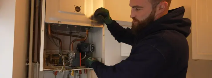 iHeat heating engineer refilling and flushing the central heating system to test for leaks and ensure efficiency.