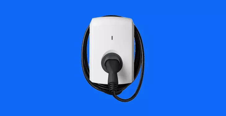 White wall-mounted home EV charger with tethered cable, suitable for residential electric car charging