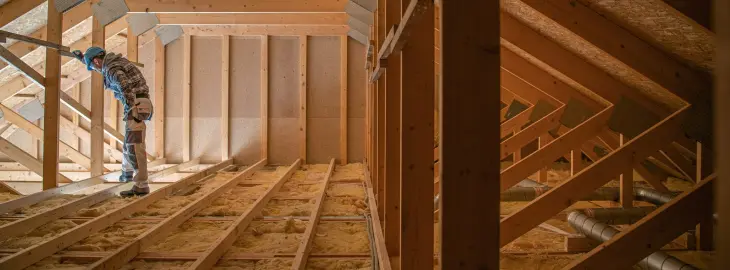 Worker inspecting loft insulation in a well-insulated attic space
