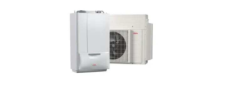 Alpha hybrid heat pump system with indoor unit and outdoor heat pump on a white background