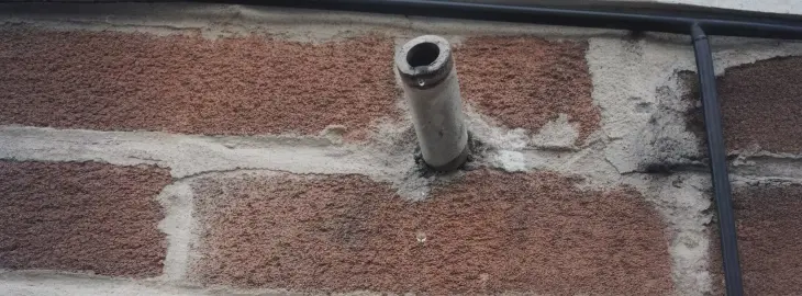 Exterior pipe with visible dripping water on a brick wall