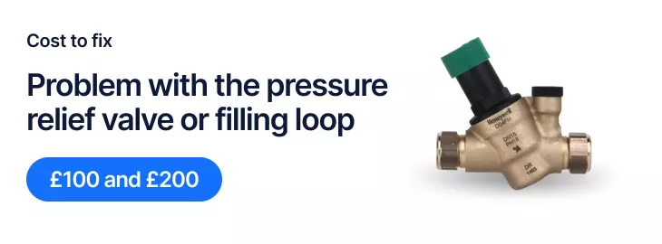 Close-up of a boiler pressure relief valve and filling loop, showing parts that can cause fluctuating pressure or water leaks in a heating system.