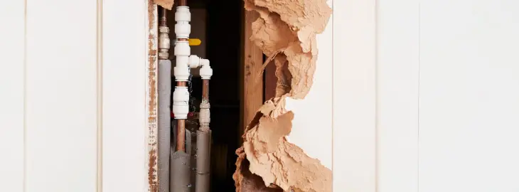 Hidden heating pipe leak behind damaged plasterboard wall in a UK home.