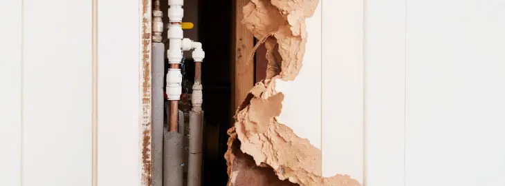 Water leaking from exposed heating pipes behind damaged plasterboard.