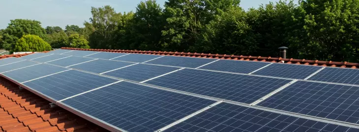 Solar panels installed on a red tiled roof in a sunny residential area