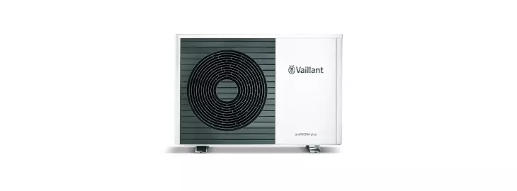 Vaillant aroTHERM Plus air source heat pump with low noise outdoor unit.