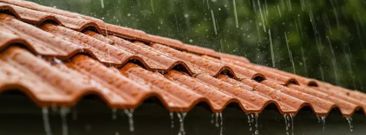 Rainwater running off terracotta roof tiles during bad weather